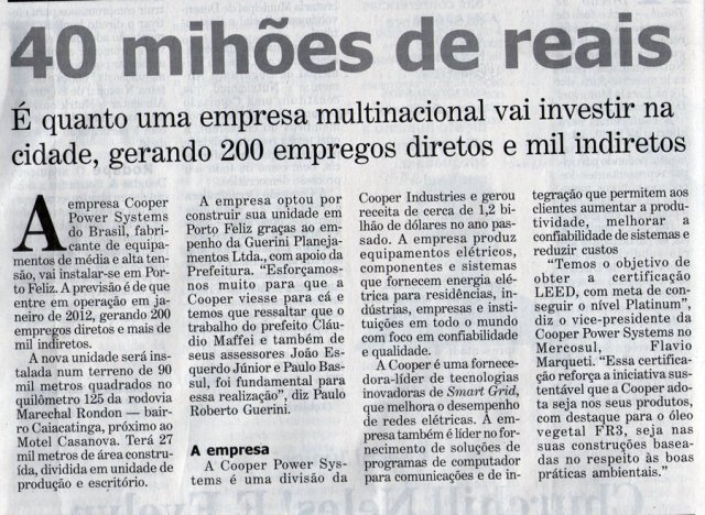 40 milhões de reais: investimento da Cooper Power Systems